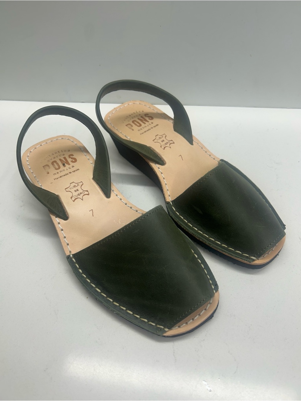 Pons Avarca Olive Leather Slingback Sandals - Women Size 7